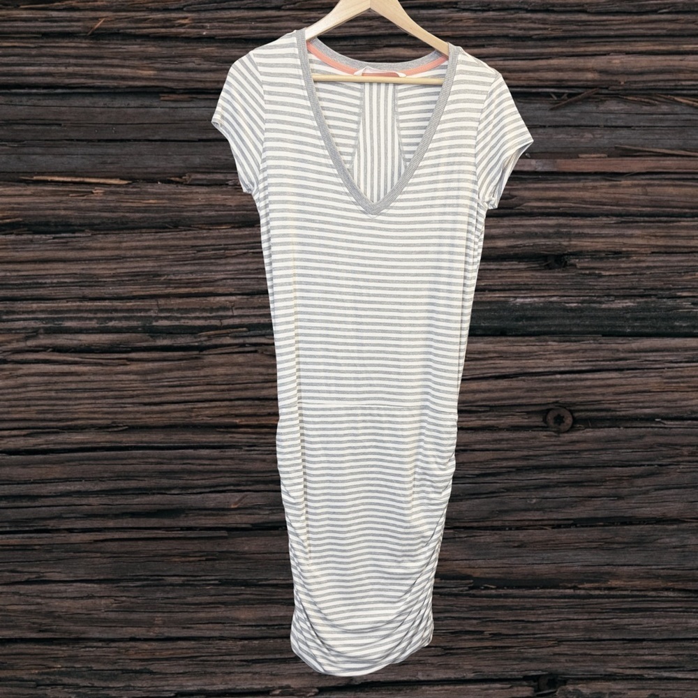 Athleta Gray and White Striped Midi Dress